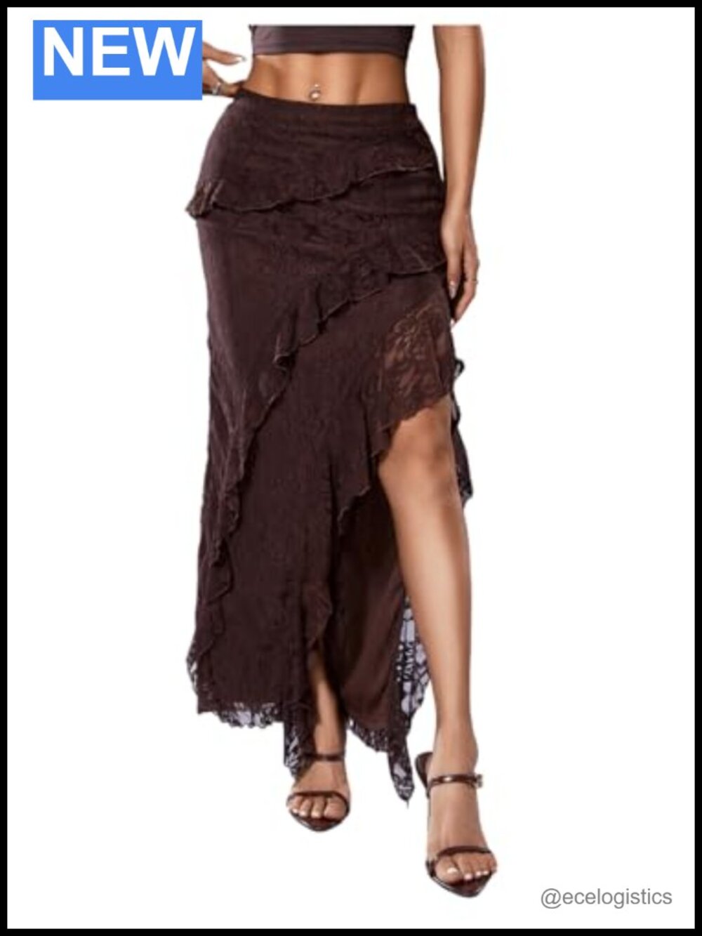 Lace Ruffle Trim High Waisted Maxi Skirt with Split Hem